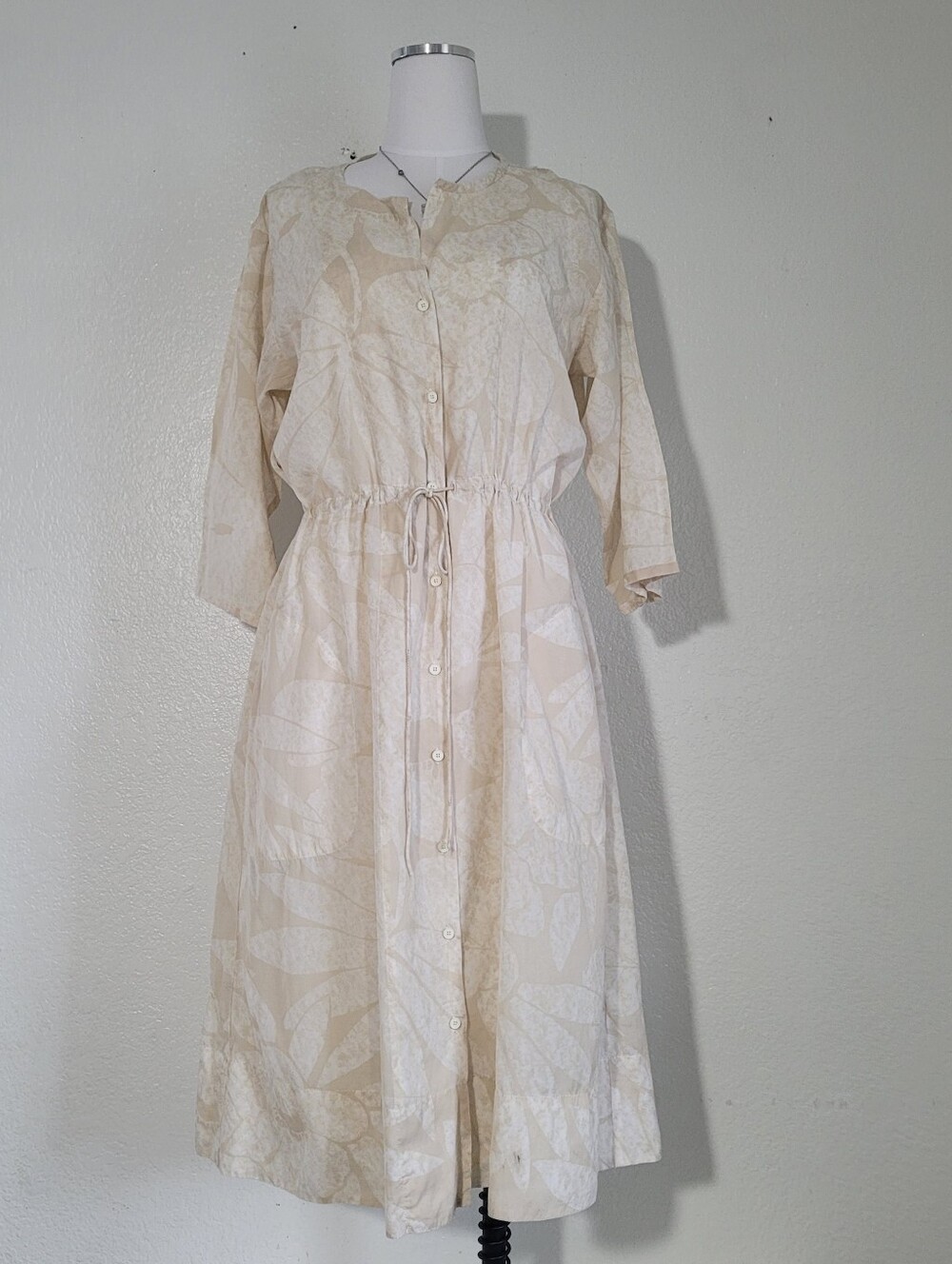 GAP Butto Up Botonical Print White Tan Defining Drawstring Midi Dress Pockets L